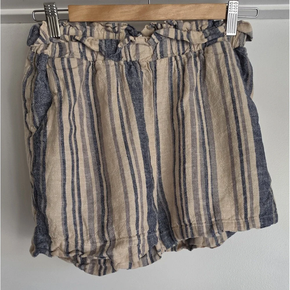Final Touch Shorts Womens 26in Waist Casual Striped Beige Blue Linen Coastal